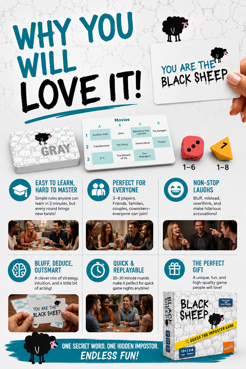 Black Sheep – Secret Word Party Game for Kids & Adults | Social Deduction, Bluffing & Hidden Identity Family Board Game for Game Night | Who is The Imposter?