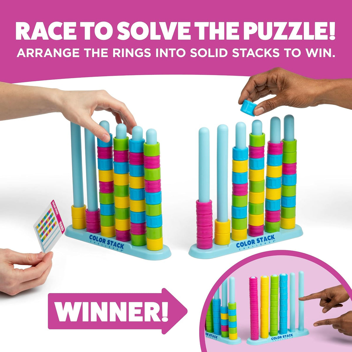 Color Stack Challenge, Color Matching Game | Fast Paced Games for Kids and Family Game Night, Includes 2 Racks, 50 Cards, 80 Rings