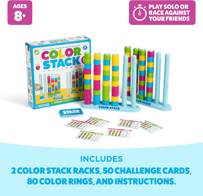 Color Stack Challenge, Color Matching Game | Fast Paced Games for Kids and Family Game Night, Includes 2 Racks, 50 Cards, 80 Rings