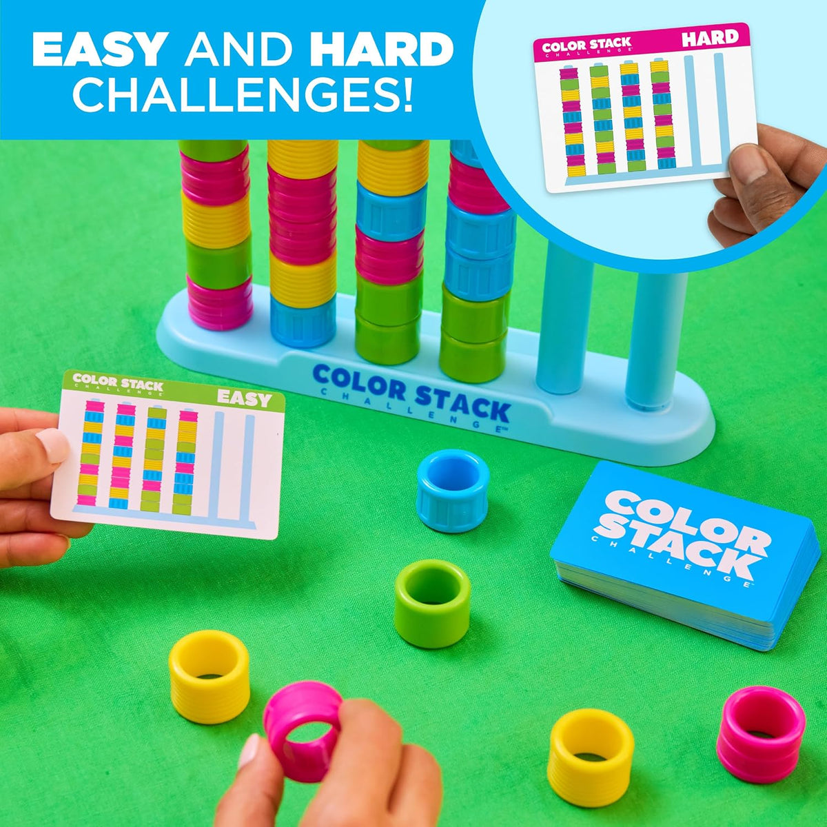 Color Stack Challenge, Color Matching Game | Fast Paced Games for Kids and Family Game Night, Includes 2 Racks, 50 Cards, 80 Rings