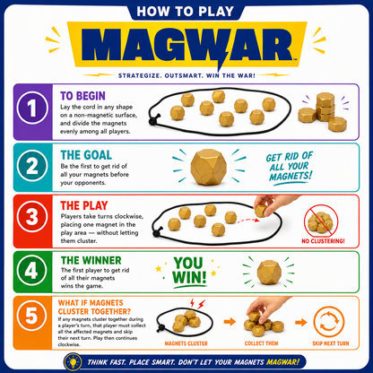 MAGWAR - Fun Magnetic Game | Fun Strategy & Educational Game for Kids & Adults | Includes 20 Golden Magnets, Rope, Travel Pouch