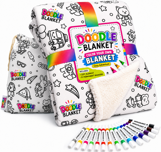 DOODLE BLANKET™ – Reusable Colouring Blanket with 15 Fabric Markers | Washable DIY Art & Craft Activity Blanket | 40 x 60 Inch Sherpa Blanket