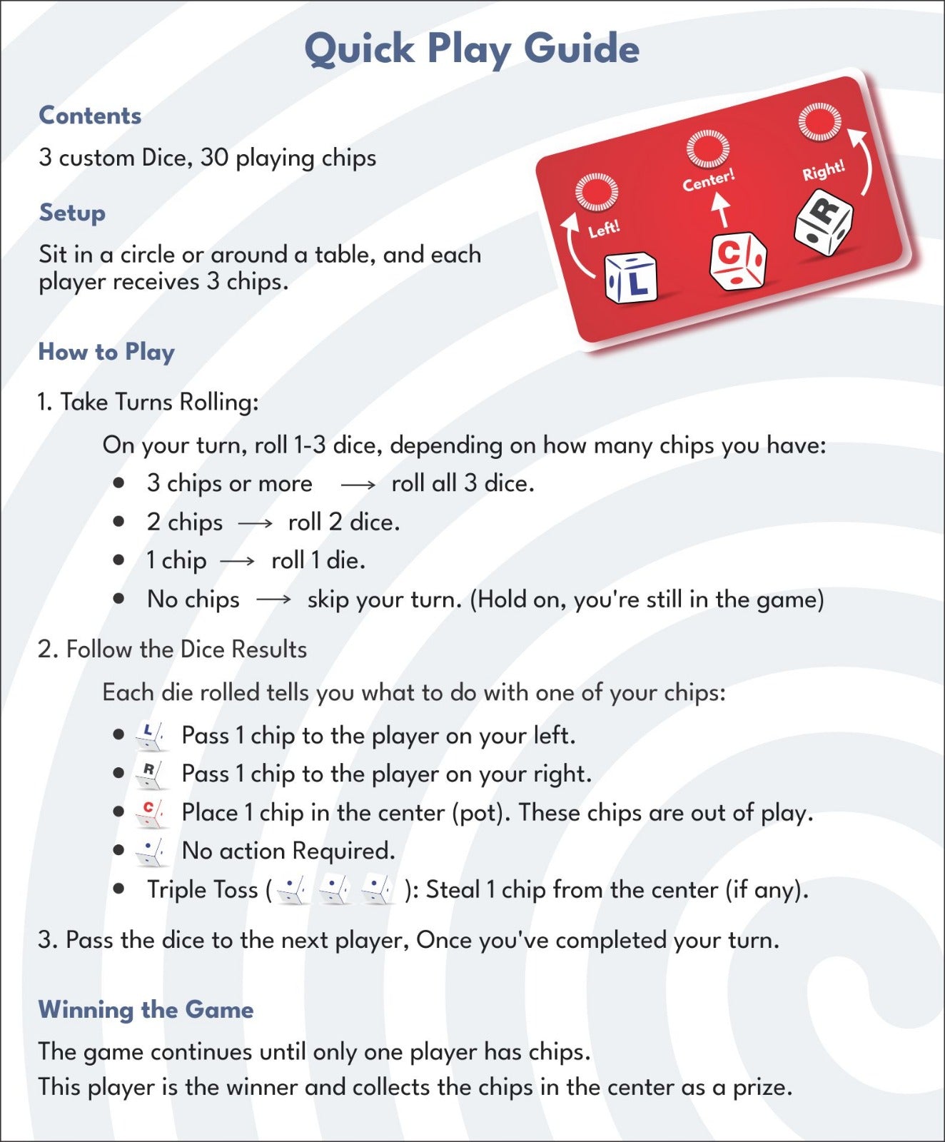 Triple Toss Dice Game – A Left Center Right Game with 3 Dice and 30 Red Chips