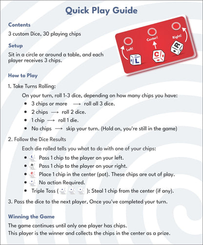 Triple Toss Dice Game – A Left Center Right Game with 3 Dice and 30 Red Chips