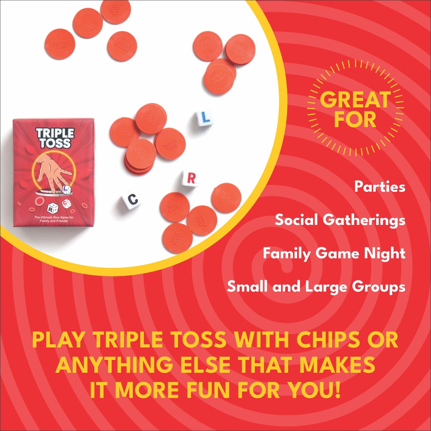 Triple Toss Dice Game – A Left Center Right Game with 3 Dice and 30 Red Chips